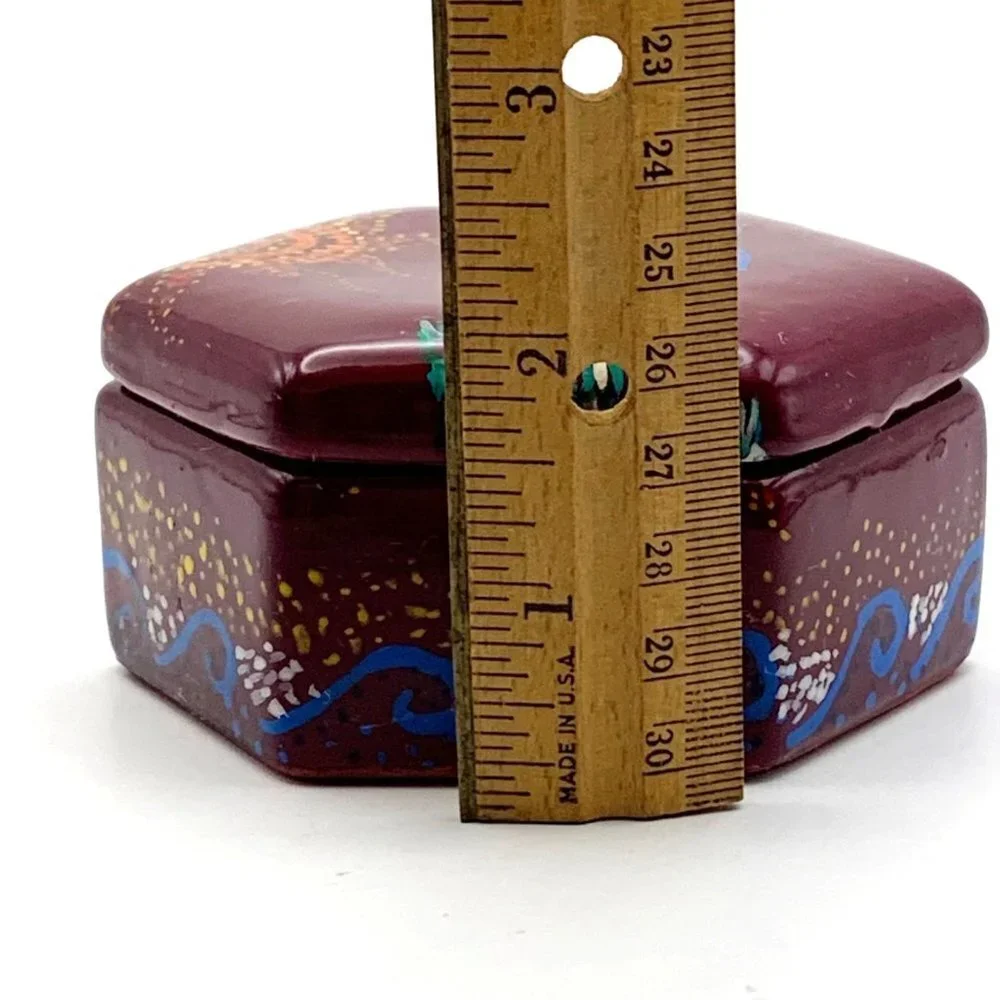 Small Butterfly & Floral Patterned Red Clay Pottery Hexagon Trinket Box With Lid
